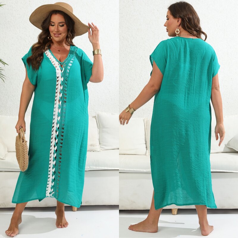 Plus size women's European and American beach skirt vacation style lace splicing V-neck slit dress bikini cover skirt 2024 new