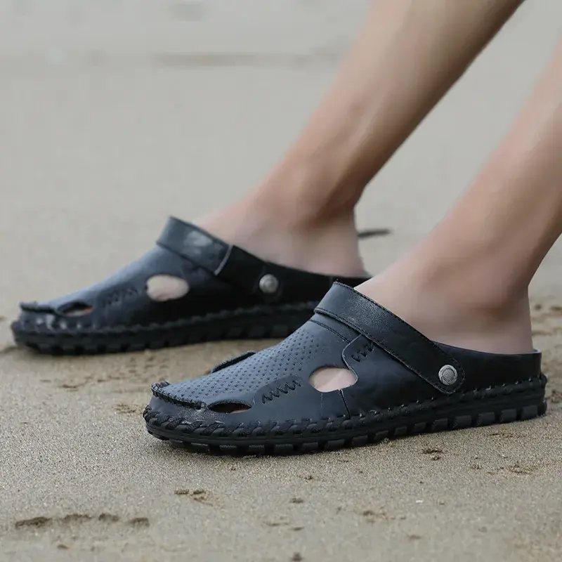 Sandálias masculinas de couro genuíno para praia, confortáveis chinelos ao ar livre, moda trekking, alta qualidade, Roma, tamanho 38-44, verão