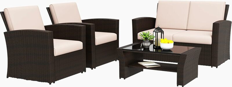Set di mobili da giardino per esterni da 4 pezzi, set di conversazione in vimini, sedia da divano in Rattan con cuscino per giardino sul prato del cortile