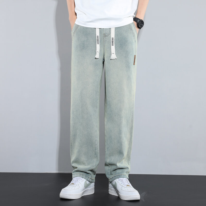 Тонкие мягкие прямые джинсы для мужчин, новые свободные Модные Винтажные мешковатые брюки, синие, зеленые, ледяные шелковые уличные мужские джинсовые брюки