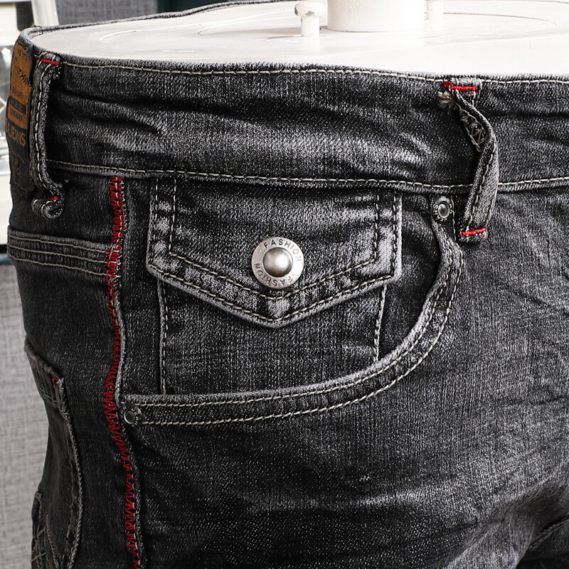 Streetwear modne dżinsy męskie Retro czarny szary elastyczny Slim porwane jeansy męskie Vintage Designer Casual Stretch spodnie dżinsowe Hombre