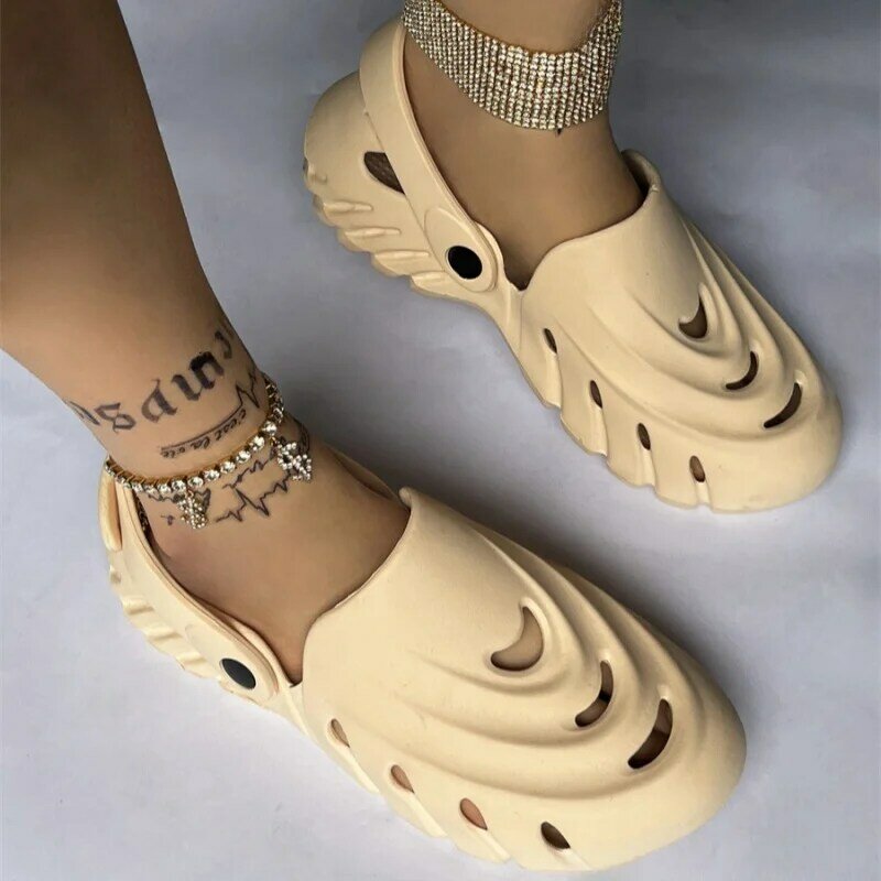 Fashion Women's Sandals Comfortable Non-slip Casual Flat Shoes Lightweight Black White Apricot Large Size Beach Slippers 36-42