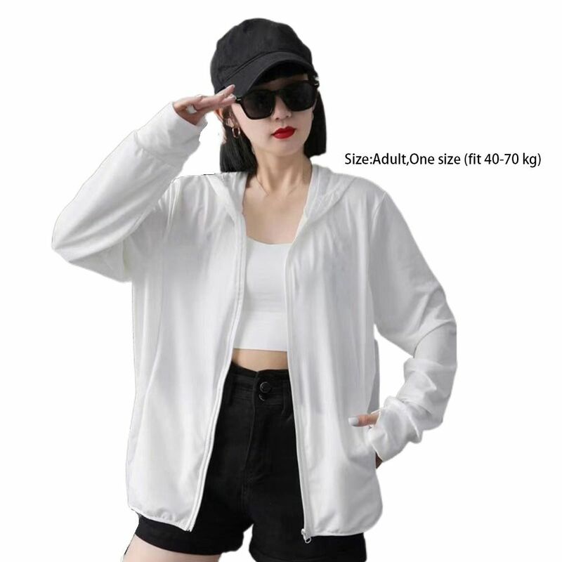Capuz protetor solar de mangas compridas feminino, jaqueta fina respirável, camisa de seda gelada, proteção UV, monocromática, verão