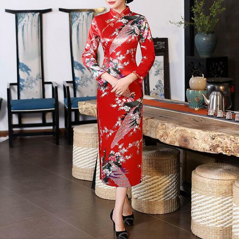 Vestido estampado floral com suporte para o verão, gola semi em pé, cheongsam elegante, estilo nacional chinês