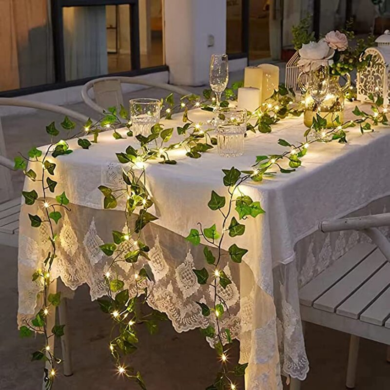 LEDライトストリング付きの偽の緑の葉,家の装飾のための花輪,寝室の装飾,結婚式の装飾,人工植物,2m