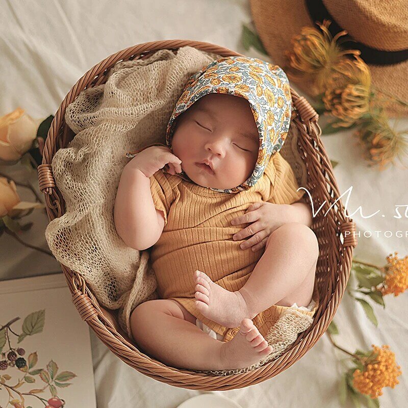 Säuglinge Fotografie Requisiten Outfit Overall bedruckte Turban Kleidung 2 teile/satz Strick Stretch Wrap 0-3 Monate Baby Shooting Foto Requisiten
