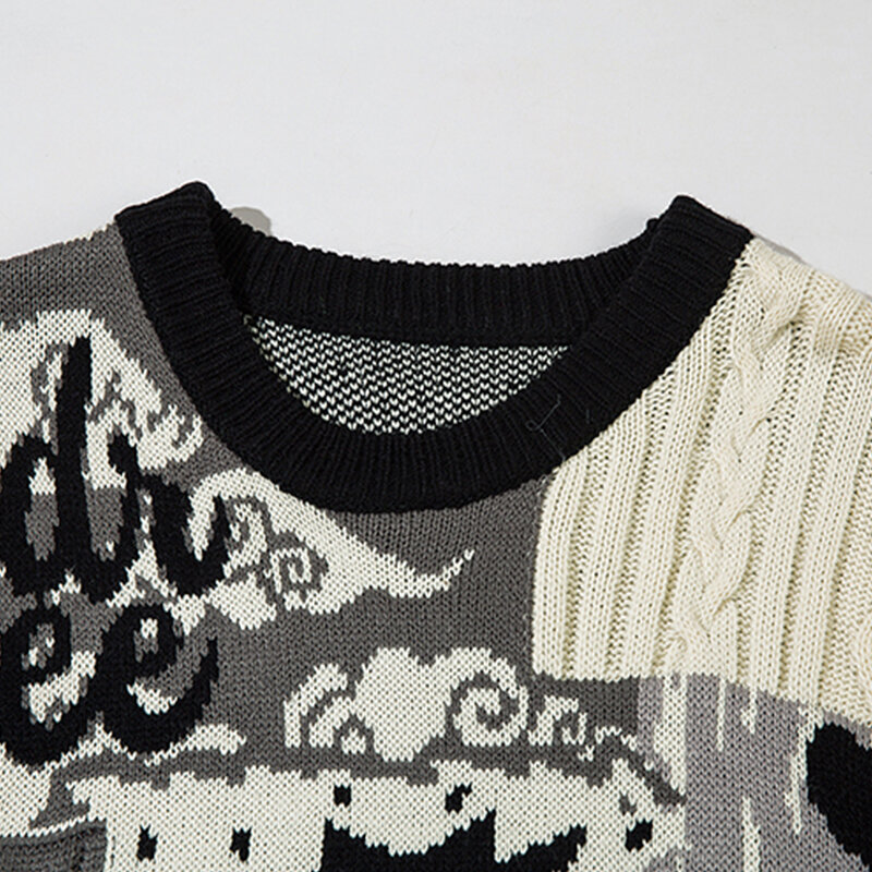 Uprakf Cartoon Drachen Print Patchwork Pullover lose All-Match-Pullover Winter Tops Herbst Mode Streetwear