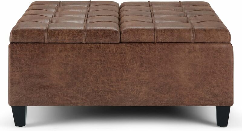 36" Wide Square Coffee Table Lift Top Storage Footstool, Upholstered Distressed Amber Brown Tufted Faux Leather