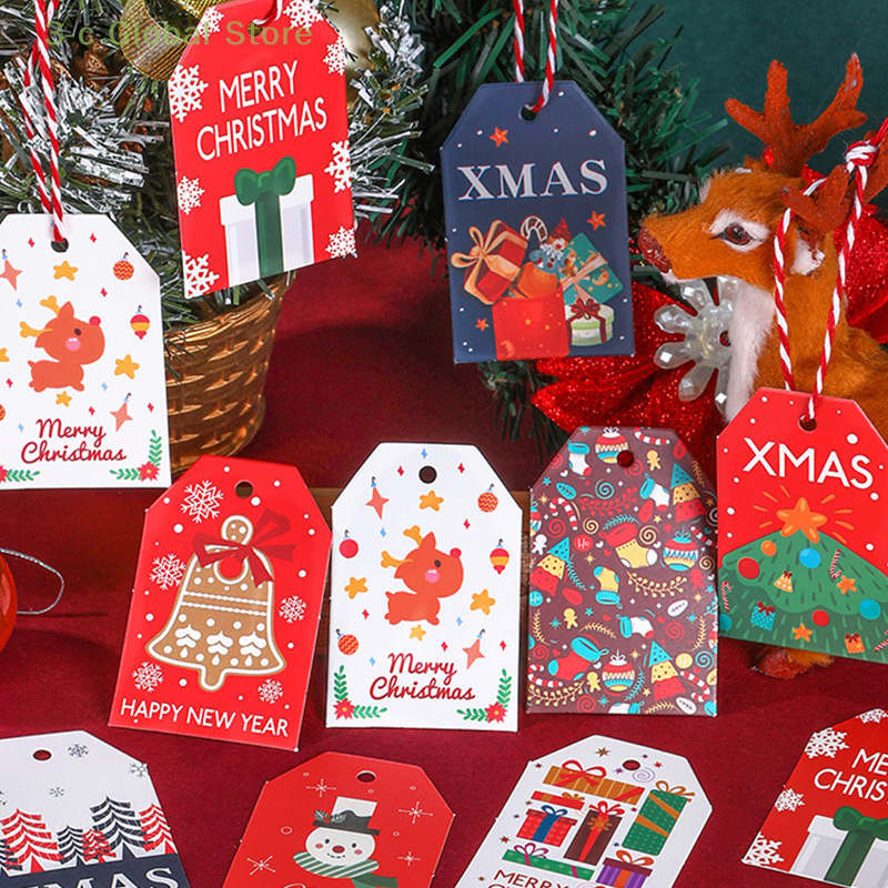 1Set di etichette natalizie decorazioni per l'albero di natale in carta piccoli ciondoli con ciondoli per carte stampate a colori in corda regali di natale