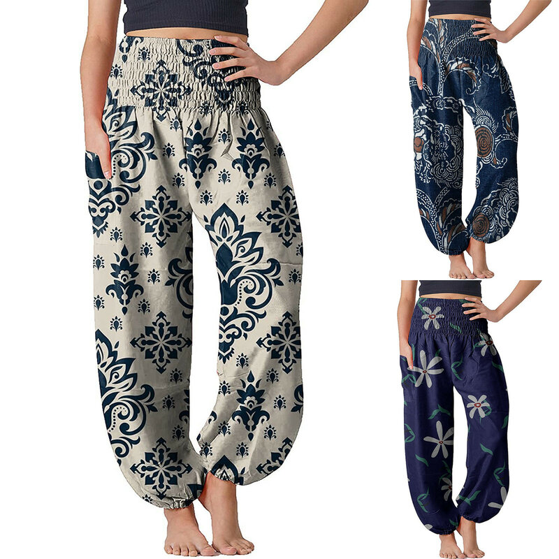 Celana Harem wanita, celana Boho Vintage cetak longgar yo-ga, celana tari perut Hippie Boho, celana legging pakaian olahraga