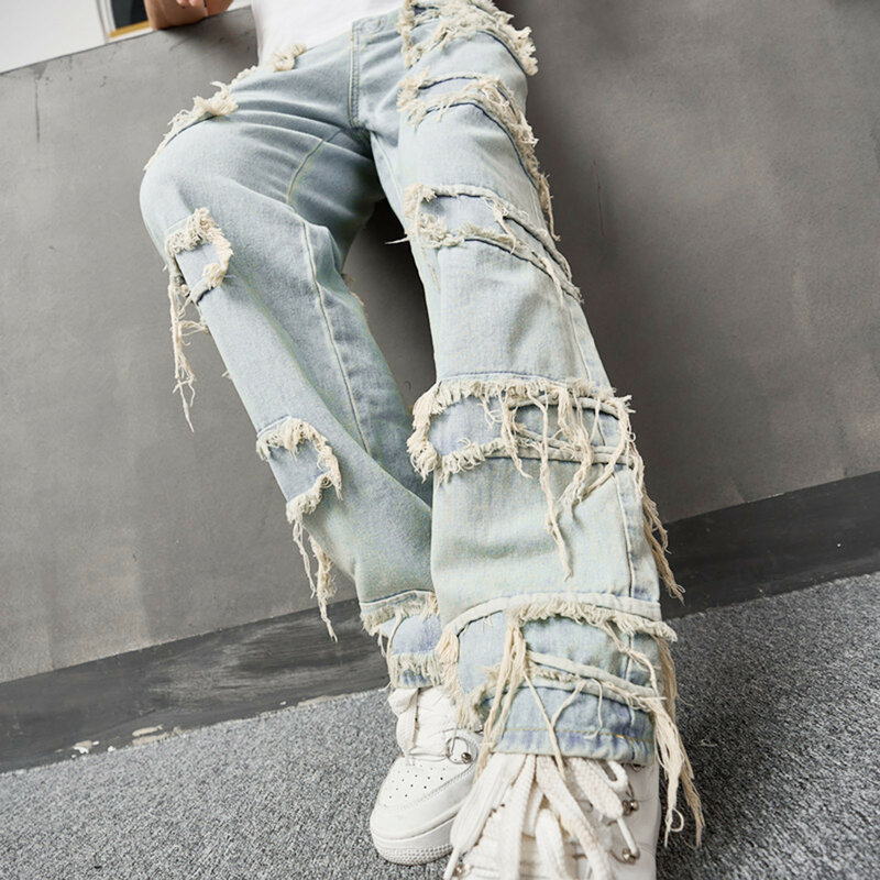 Men Ripped Holes Distressed Jeans 2023 Male Stylish Hip hop Trousers Streetwear Solid Retro Patched Washed Straight Denim Pants