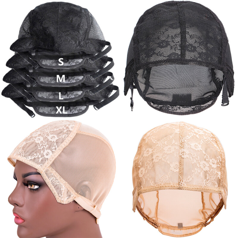 Bonnets de perruque en dentelle de haute qualité S M L Xl pour la fabrication de perruques, bonnets de tissage, casquette de perruque extensible réglable avec bande élastique, filets de perruque noirs