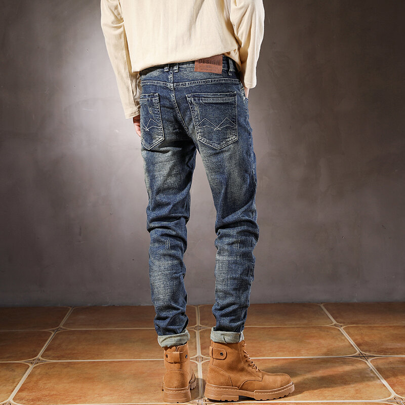 Jeans rasgado elástico azul vintage masculino, designer de moda de rua, bordada, pequena, perna reta