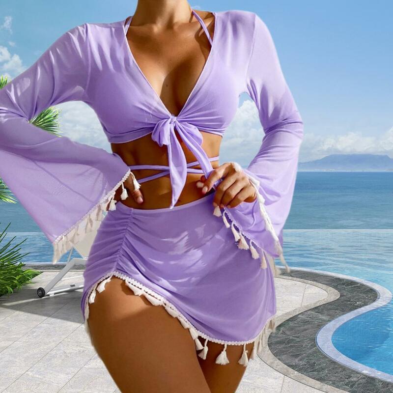 Conjunto de Bikini de 4 piezas para mujer, traje de baño elegante con manga acampanada, sujetador Halter, falda de cintura alta, Color sólido para playa