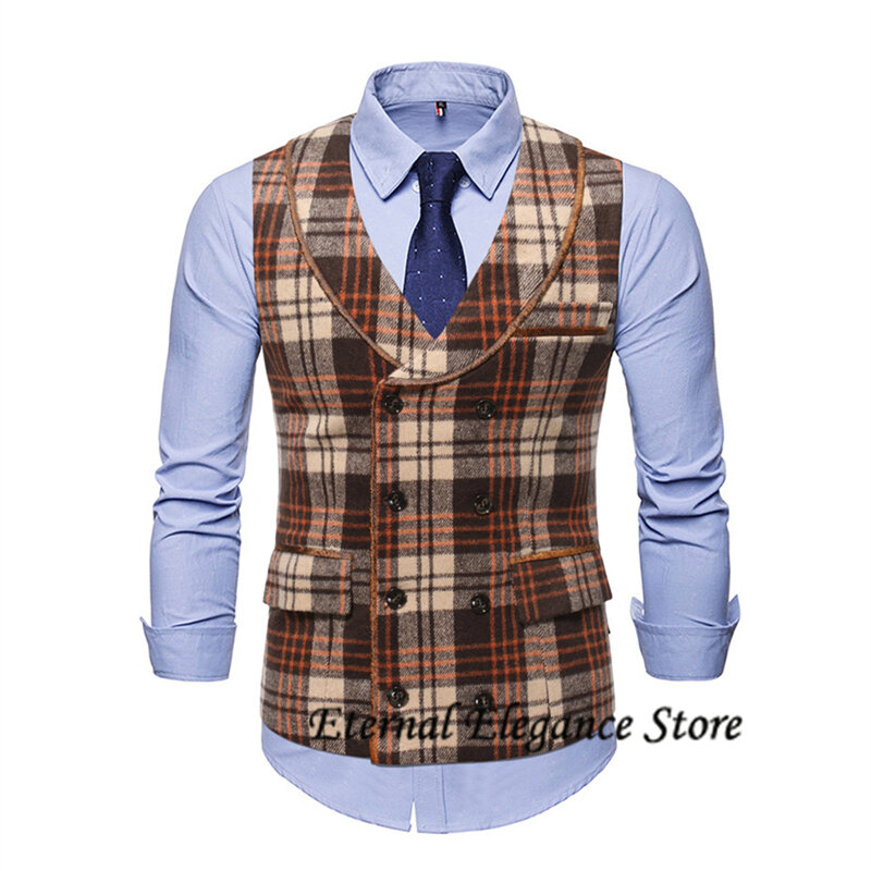 Chaleco de traje Vintage para hombre, ropa de Tweed a cuadros con cuello en V, chalecos de doble botonadura para hombre