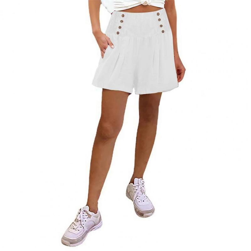 Elastic Waist Shorts Stylish High Waist Women's Shorts with Pleated Button Detail Side Pockets for Summer Vacation Beach
