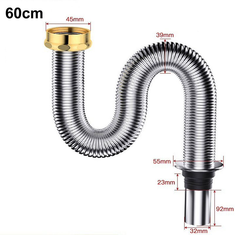 40/60cm Sink Drain Hose Stainless Steel Sink Siphon Waste Drain Flexible Pipe Hose Home Bathroom Kitchen Replacement Accessories
