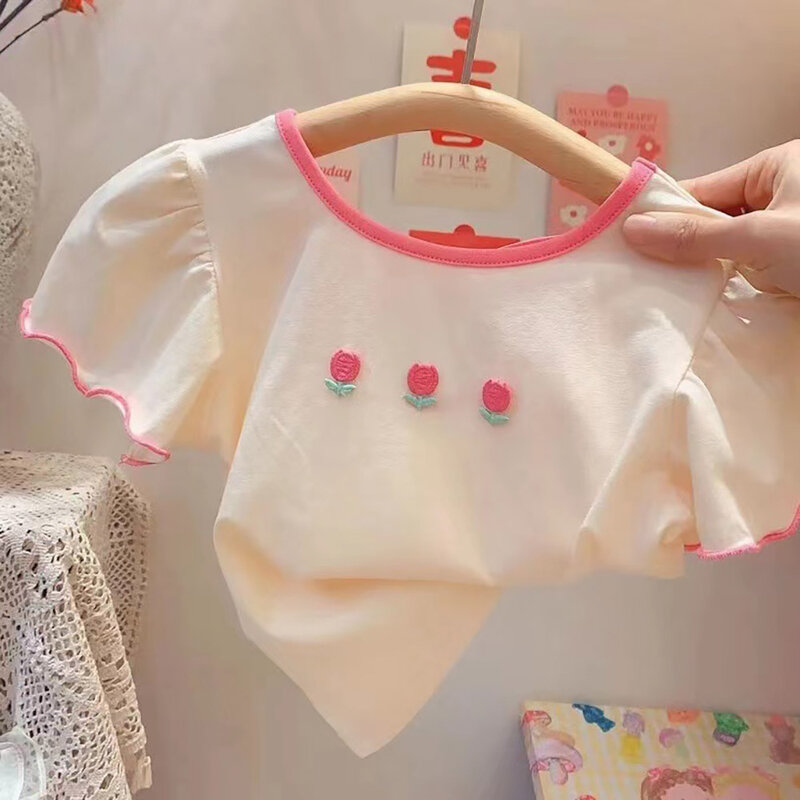 1〜6歳の女の赤ちゃんのための夏のTシャツ,花柄,パフスリーブ,韓国スタイル,