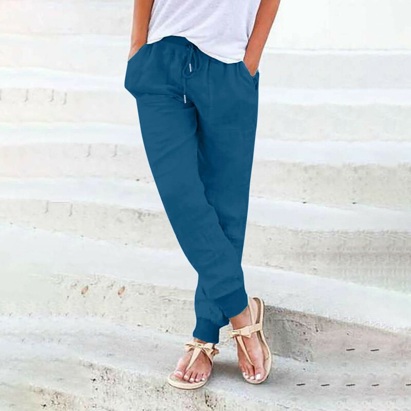 Damskie jednolite kolorowe zmiękczana bawełna spodnie casualowe z elastyczną talią spodnie z kieszenią spodnie ściągane sznurkiem mody Vintage