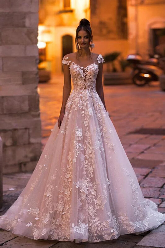 Charming Tulle Appliques Cap Sleeves Backless A-line Wedding Dresses For Women 2024 Court Train Bridal Gowns Vestidos De Novia