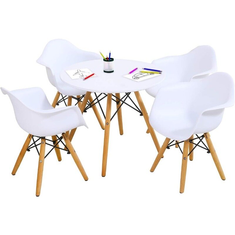 Kids Round Table and 4 Chairs Set, Mid-Century Modern Style, Non-Toxic, Safe and Durable Materials, Ideal for Nursery, Bedroom