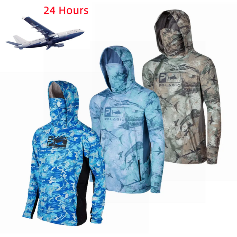PELAGIC-낚시 셔츠 Upf 50 긴 소매 후드 페이스 커버, Camisa Pesca 퀵 드라이 탑 UV 보호 낚시 페이스 마스크 의류