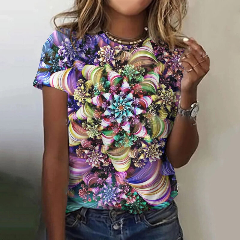 Camiseta estampada com padrão colorido feminino, gola redonda, manga curta solta, top da moda, roupa de festa, moda