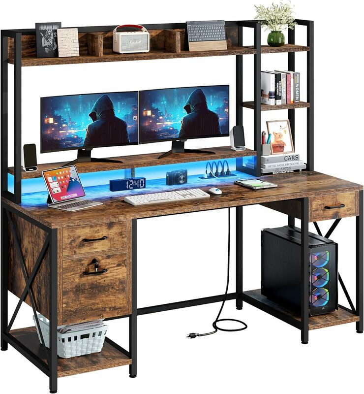 Escritorio de ordenador con cajones y tomas de corriente, cajones de archivos con cerradura, escritorio de oficina en casa de 59 "con estantes de almacenamiento y soporte para Monitor