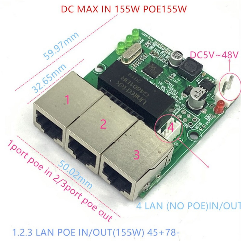 ย้อนกลับแหล่งจ่ายไฟ POE Switch POE ใน/OUT5V/12V/24V/48V 45W/3 = 15.4W 100Mbps 802.3AT 45 + 78- DC5V ~ 48V ระยะทาง Series Force POE