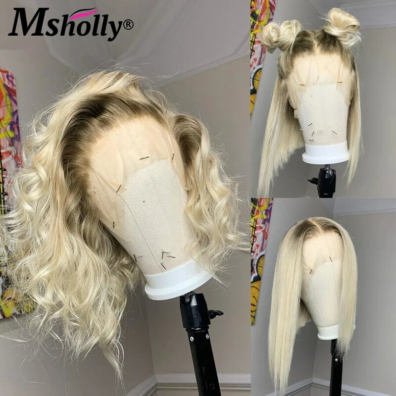 Bezklejowe Ombre blond peruki proste włosy ludzkie dla kobiet naturalne Body Wave HD koronkowe peruki wstępnie zrywane brazylijskie peruki z włosów typu Remy