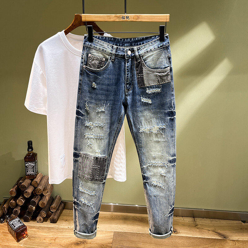 Street Beat Personality Splicing Casual Jeans Broken Stretch Slim Embroidery Patches Flap Small Straight Men's Pants