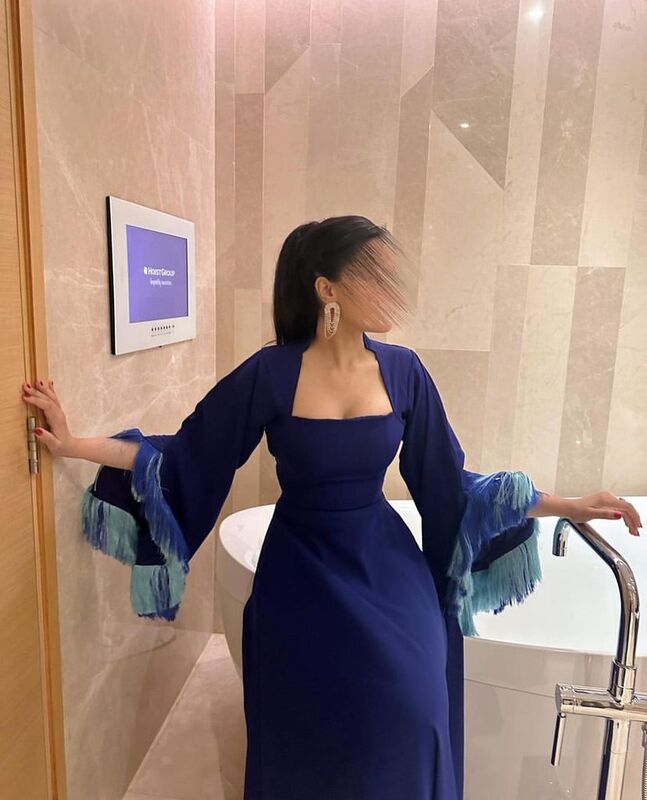 2023 Elegant Deep Blue Square Neck Cap Sleeve Prom Dress Tassel Backless Floor Length Satin Saudi Arabia Evening Party Gown
