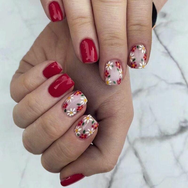 24 sztuk/pudło letnie krótkie okrągłe sztuczne paznokcie francuskie kwiaty sztuczne paznokcie pełną prasę na paznokciach odpinane końcówki paznokcie typu French