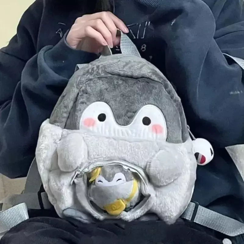 Lindo bolso de mano de pingüino de felpa para mujer, mochila dulce Kawaii, muñeca de pingüino de dibujos animados, mochila escolar informal para niños suave, moda diaria