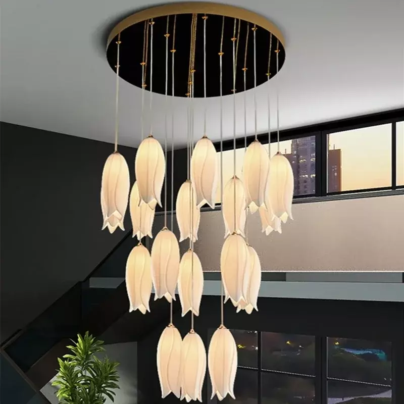 Nordic Ceramic Tulip Staircase Chandelier For Villa Bedroom Bedside Restaurant Hotel Duplex Building Multi Heads Pendant Lamp