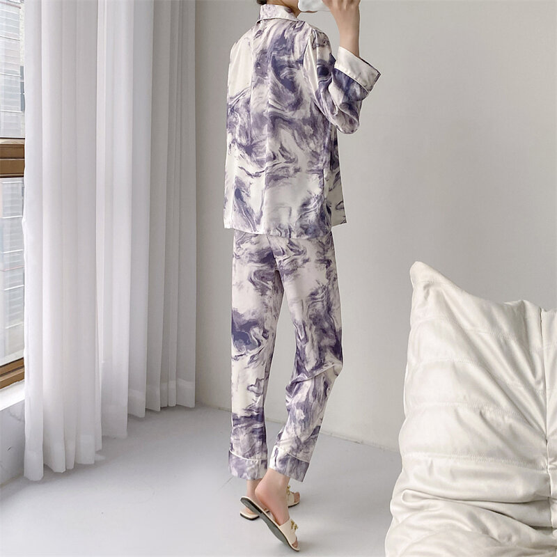 Pijama de satén con solapa para mujer, ropa de dormir de manga larga, conjunto de dos piezas