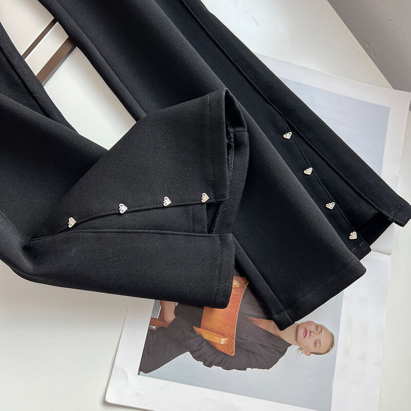 Зимние теплые утепленные микро расклешенные брюки на флисовой подкладке весом 100 кг женские повседневные Черные Облегающие брюки с заклепками 1730