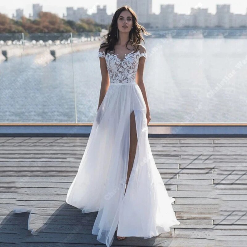 Elegant Pure White Wedding Dresses Off Shoulder Mopping Length Bridal Gown New Modern Lace Appliques Side Slit Vestidos De Novia