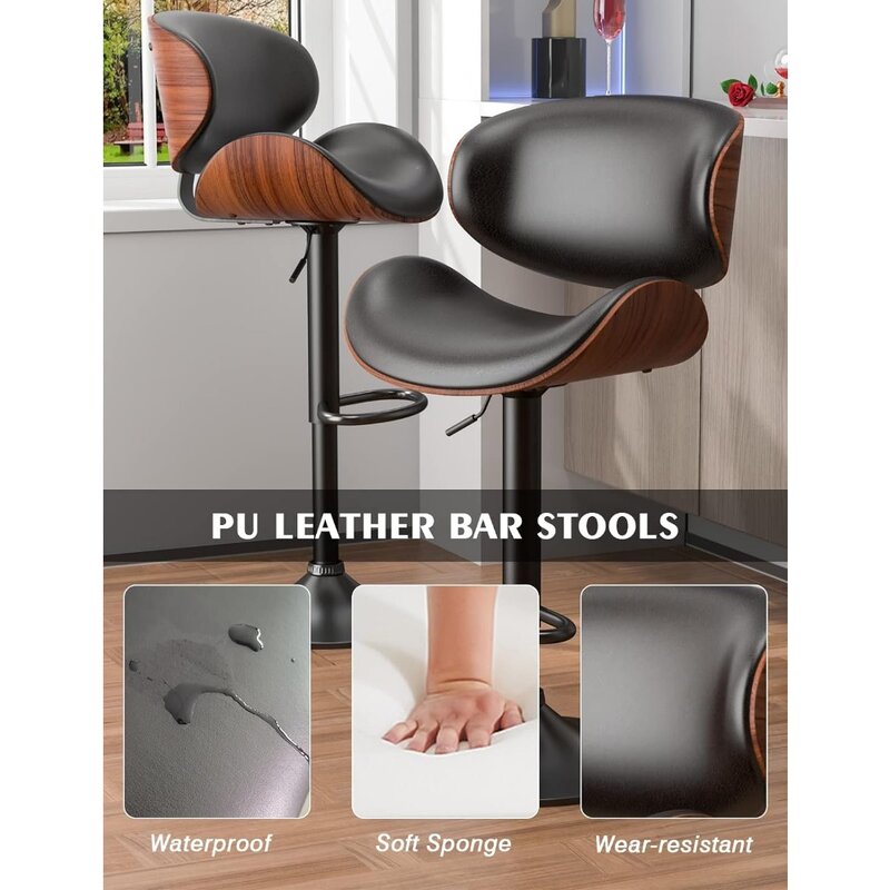 Bar Stool Set of 2, Adjustable Bentwood Barstools, PU Leather Upholstered Chair with Back, Swivel Bar Stool