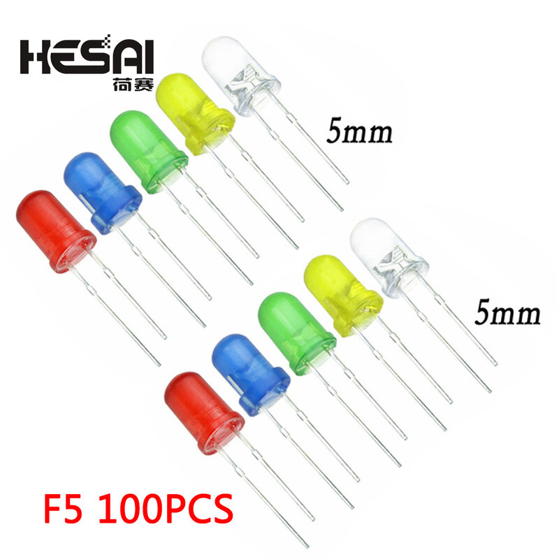 Kit surtido de luces LED redondas F5 de 5MM, 100 unids/lote, diodo emisor de luz Ultra brillante, difuminado, verde/amarillo/azul/Blanco/Rojo