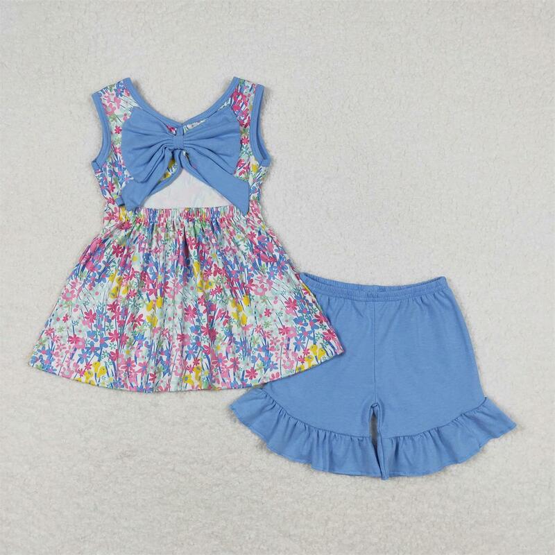 Wholesale Toddler Sleeveless Floral Tunic Tops Kids Ruffle Shorts Baby Girls Sets Children Summer Infant Two Pieces Outfit