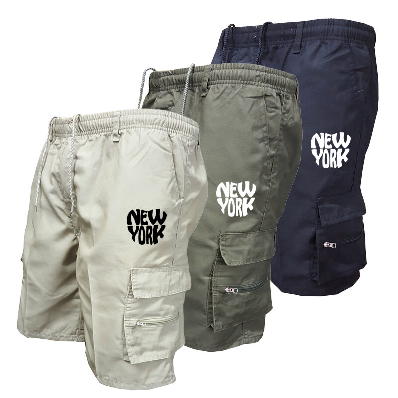 NEW YORK Print Elastic Waist Cargo Shorts Summer Overalls Cycling Shorts Multi-pockets Loose Knee-length Shorts