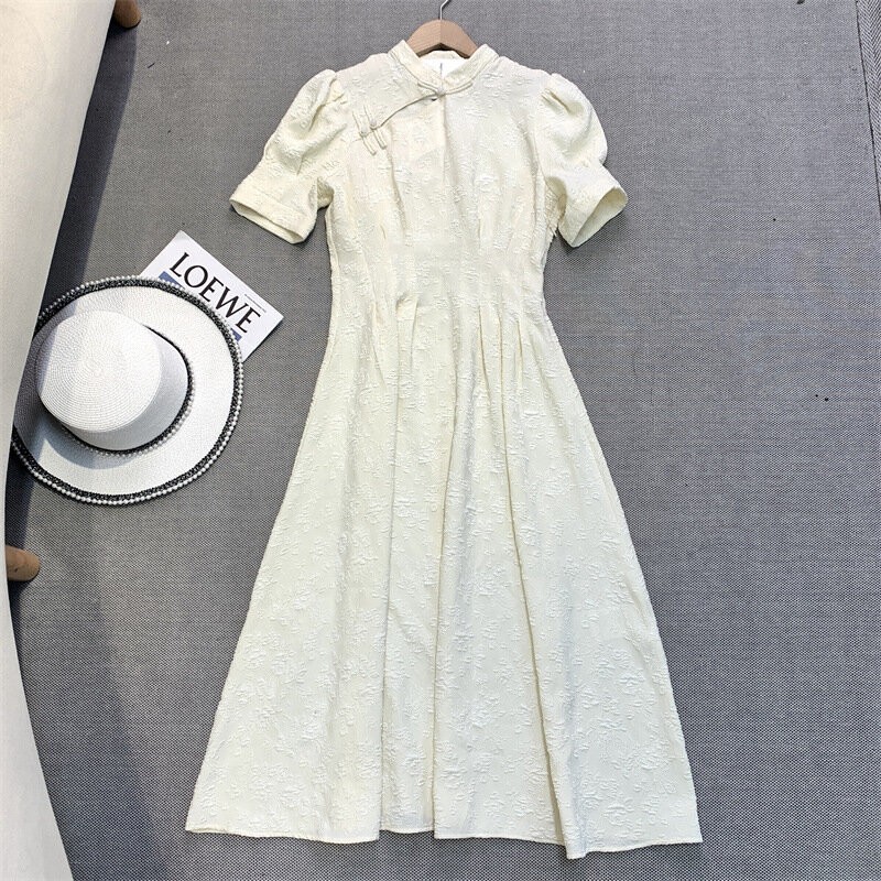 Robe rétro française améliorée pour femme, Cheongsam blanc, taille haut de gamme, manches courtes, robe de soirée tempérament, été, nouveau