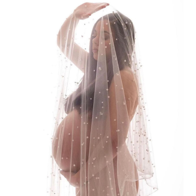 Fotografia ciążowa welon z pereł Sexy perspektywiczne welony panny młodej zakrywają twarz dla sesja zdjęciowa rekwizytów luksusowy welon ślubny ślubny z tiulu