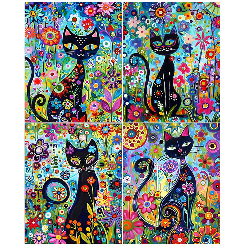 Kit de pintura manual por números para adultos, flores do gato preto, paisagem animal colorida, canva pintura DIY, presente de arte, decoração