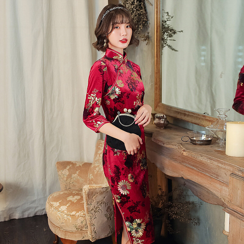 Cheongsam de veludo tradicional chinês feminino, vestido de festa à noite, qipao, traje de performance de passarela, midi, outono, inverno