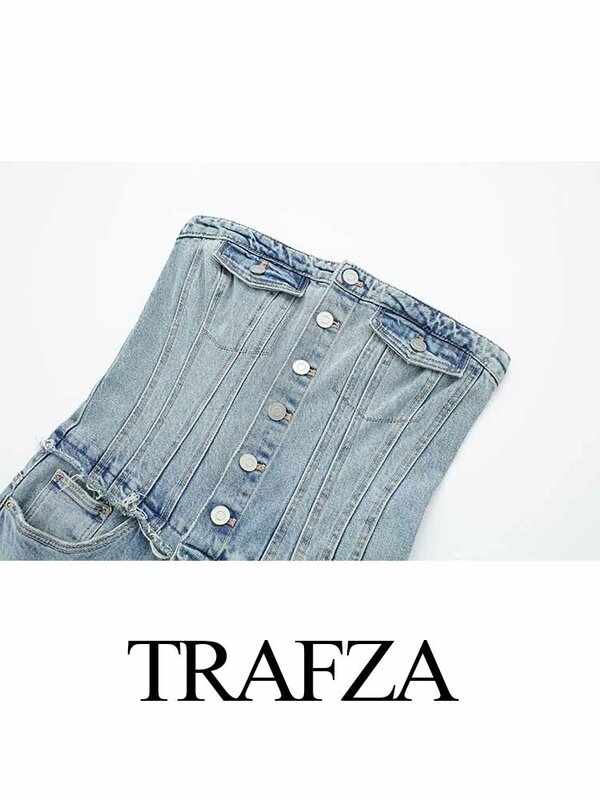Trafza Frauen Overalls weibliche Streetwear Spiel anzüge neue schicke Jeans knopf mit Tube Top Vintage lässige rücken freie elastische Kraft