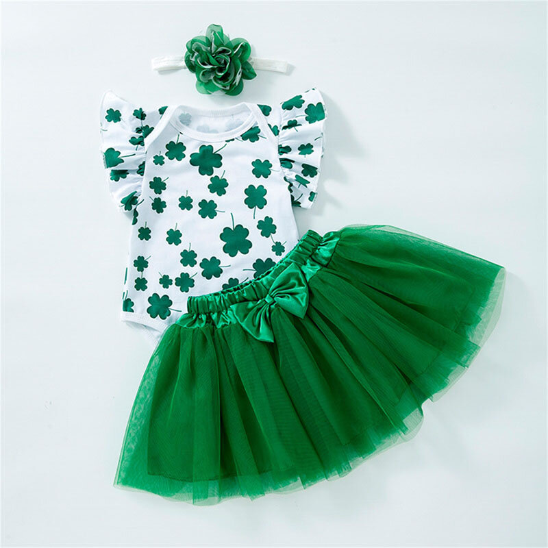 Baby Girls Irish Day Outfits Clover Print Rompers and Elastic Tulle Skirt Headband Set Cute Summer Clothes