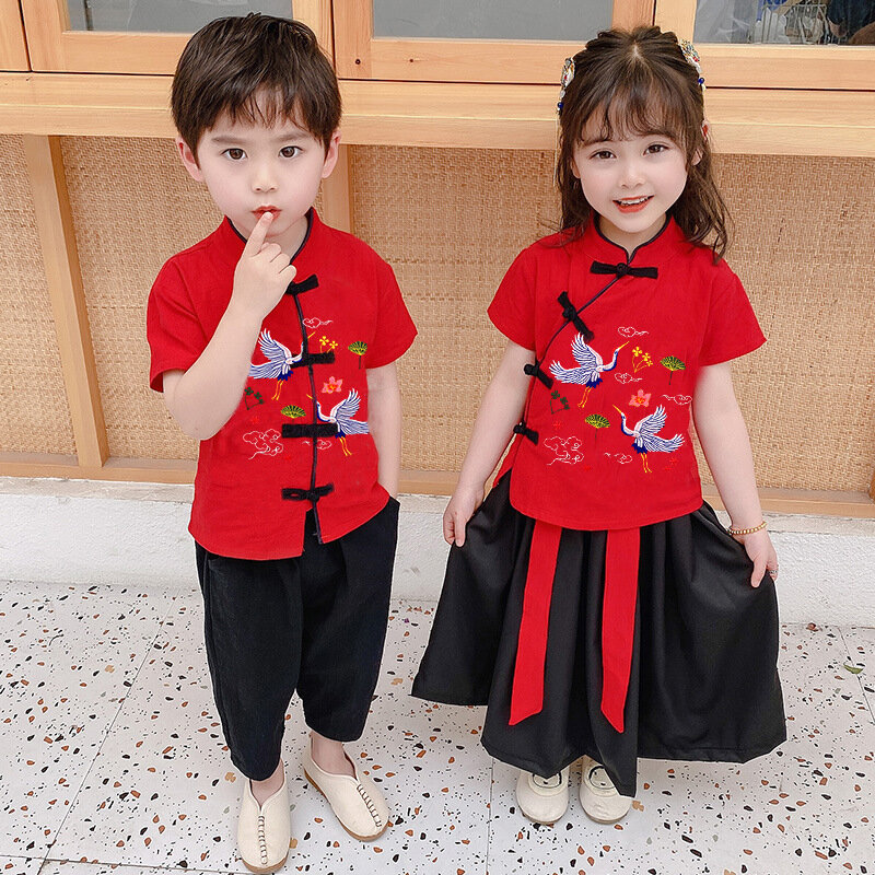 2Pcs Traditional Chinese New Year Costumes Clothes for Kids Spring Festival Tang Suit Girl Boy Sets Short Sleeve Top+Pants+Skirt
