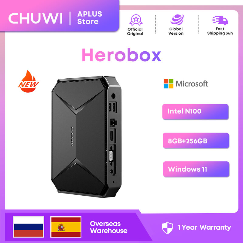 CHUWI-Herobox Mini PC, Intel 12th Gen, N100 Quad Core, 8GB de RAM, SSD 256G, WiFi 6, BT5.2, Gigabit Ethernet, VESA até 2TB SSD, Windows 11